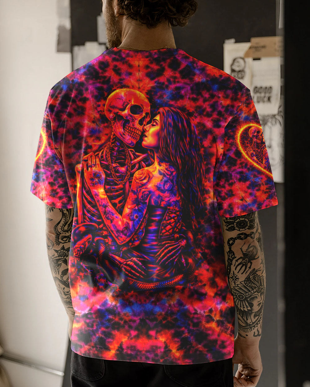SKELETON COUPLE NEON ORANGE SWIRL ALL OVER PRINT - TLTW1001261