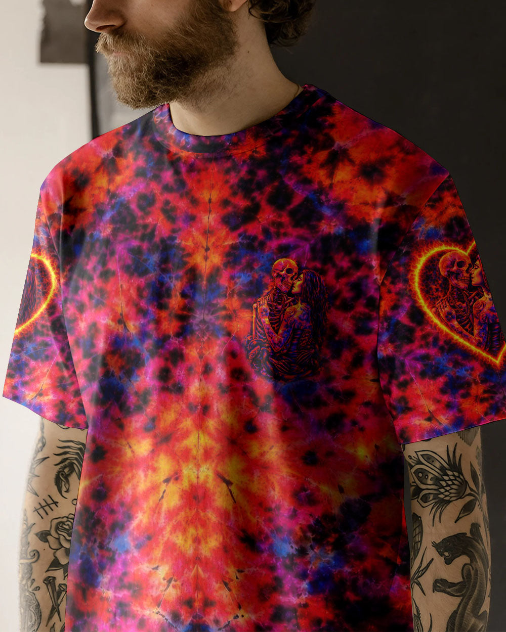 SKELETON COUPLE NEON ORANGE SWIRL ALL OVER PRINT - TLTW1001261