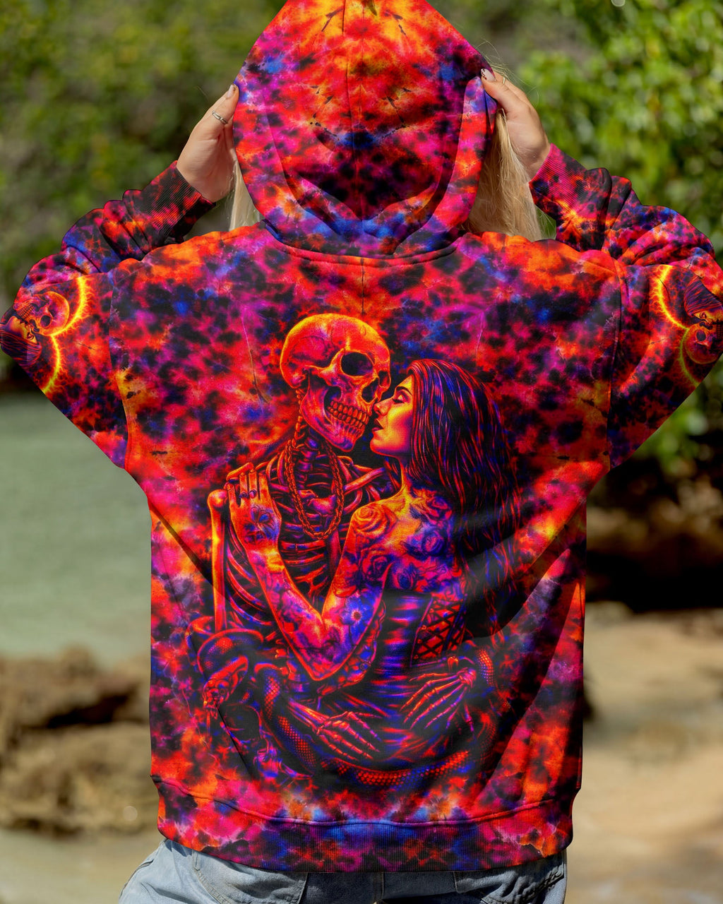 SKELETON COUPLE NEON ORANGE SWIRL ALL OVER PRINT - TLTW1001261