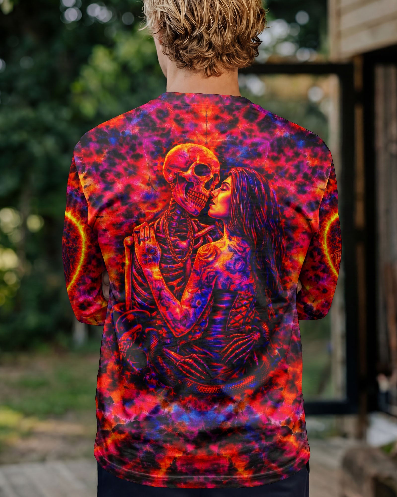 SKELETON COUPLE NEON ORANGE SWIRL ALL OVER PRINT - TLTW1001261