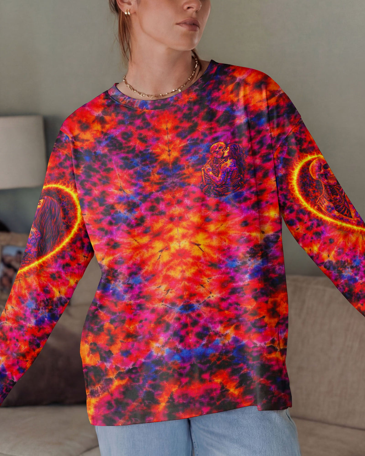 SKELETON COUPLE NEON ORANGE SWIRL ALL OVER PRINT - TLTW1001261
