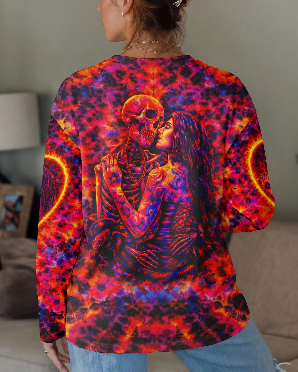 SKELETON COUPLE NEON ORANGE SWIRL ALL OVER PRINT - TLTW1001261