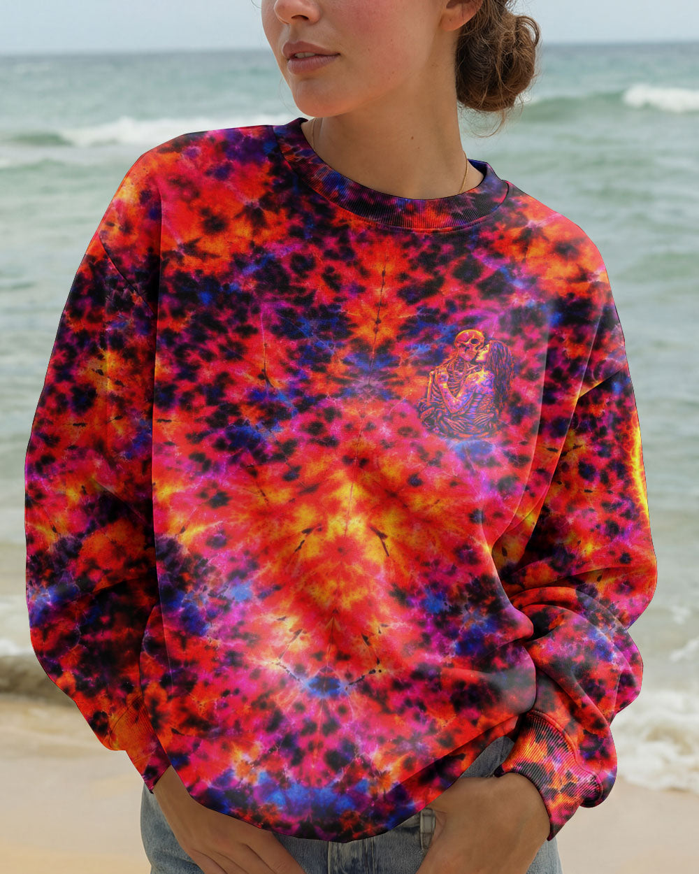 SKELETON COUPLE NEON ORANGE SWIRL ALL OVER PRINT - TLTW1001261