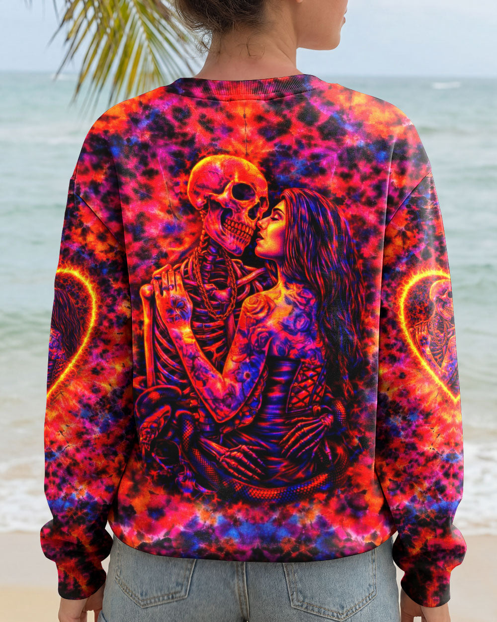 SKELETON COUPLE NEON ORANGE SWIRL ALL OVER PRINT - TLTW1001261