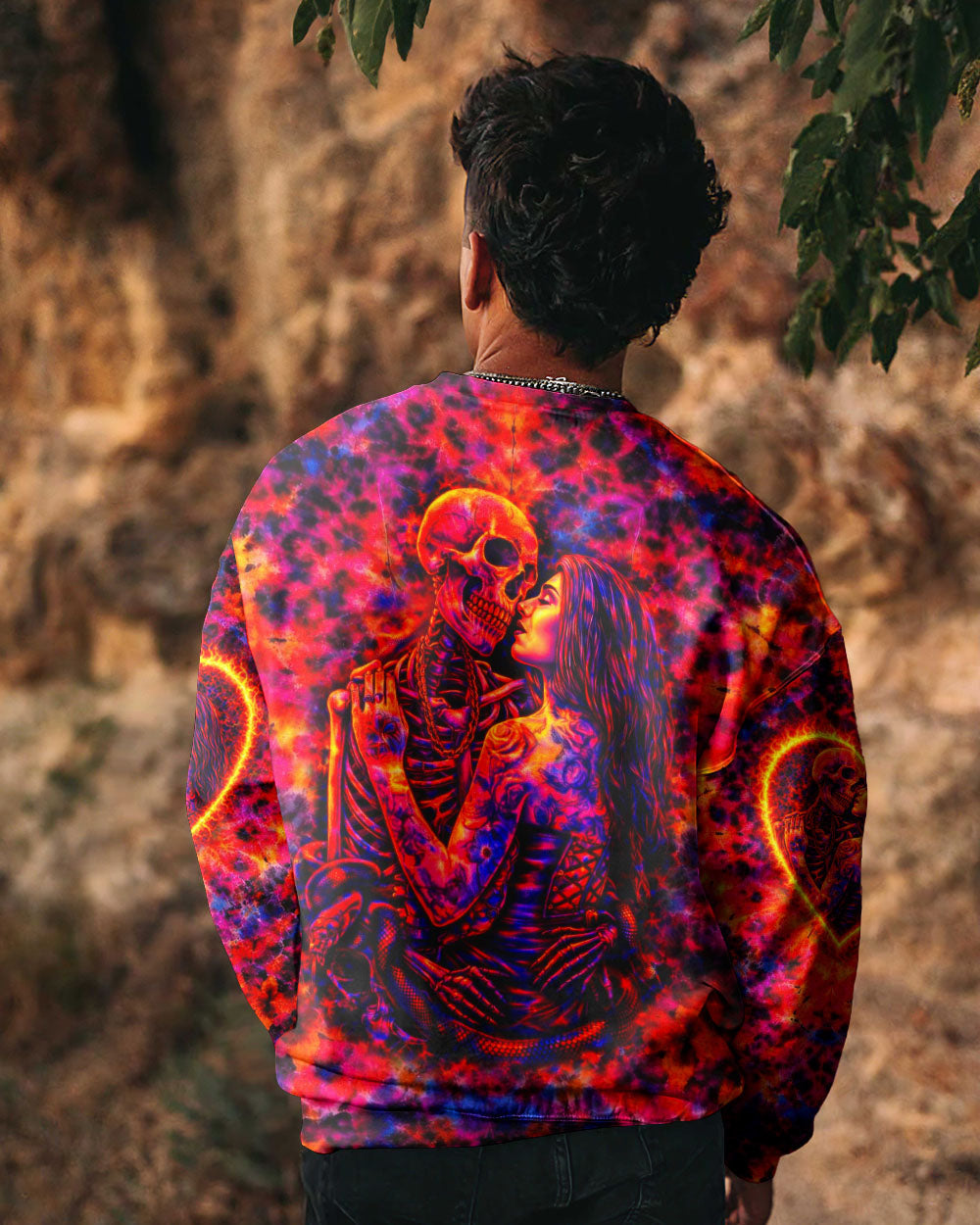 SKELETON COUPLE NEON ORANGE SWIRL ALL OVER PRINT - TLTW1001261