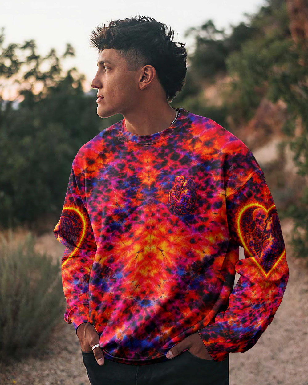 SKELETON COUPLE NEON ORANGE SWIRL ALL OVER PRINT - TLTW1001261