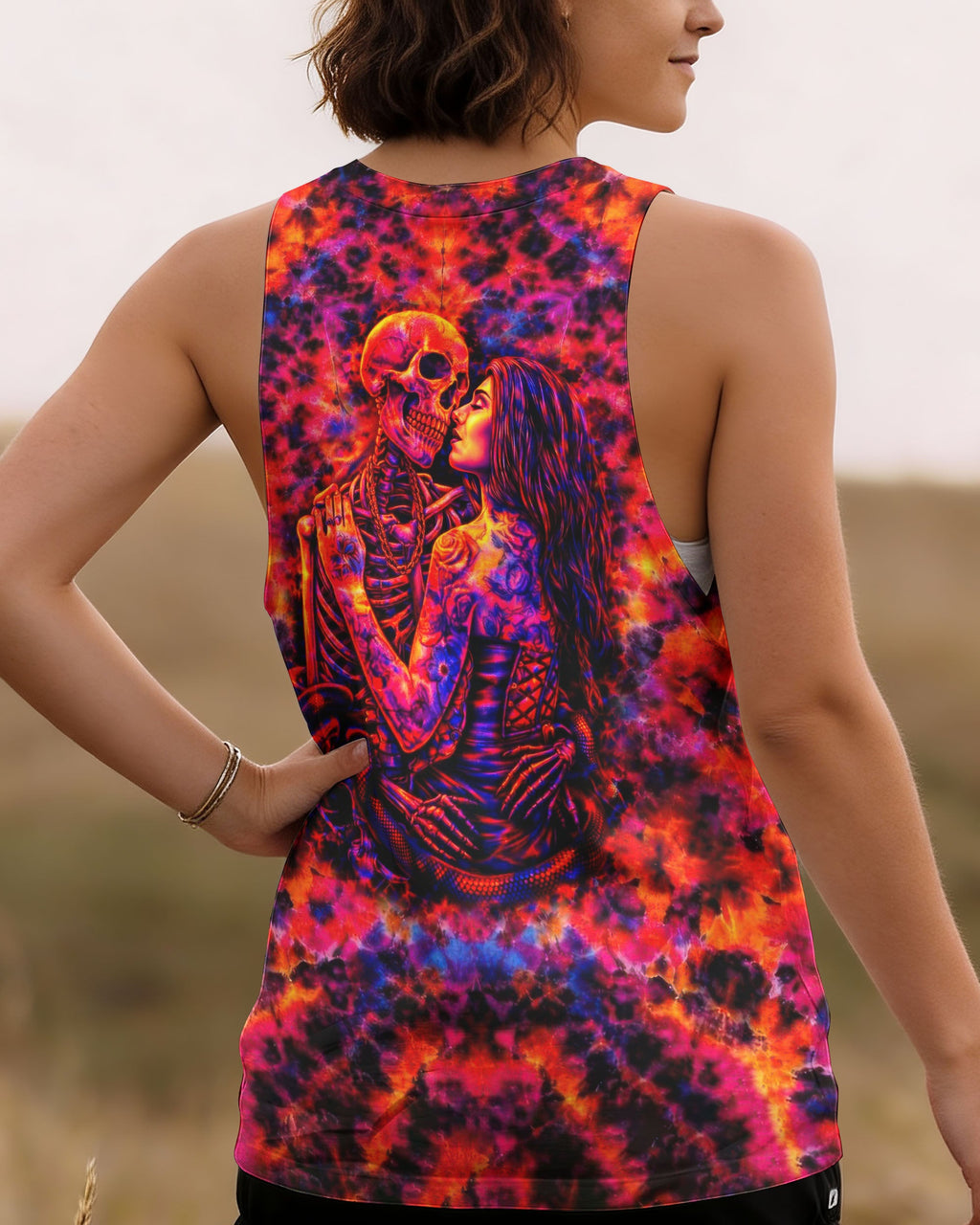 SKELETON COUPLE NEON ORANGE SWIRL ALL OVER PRINT - TLTW1001261