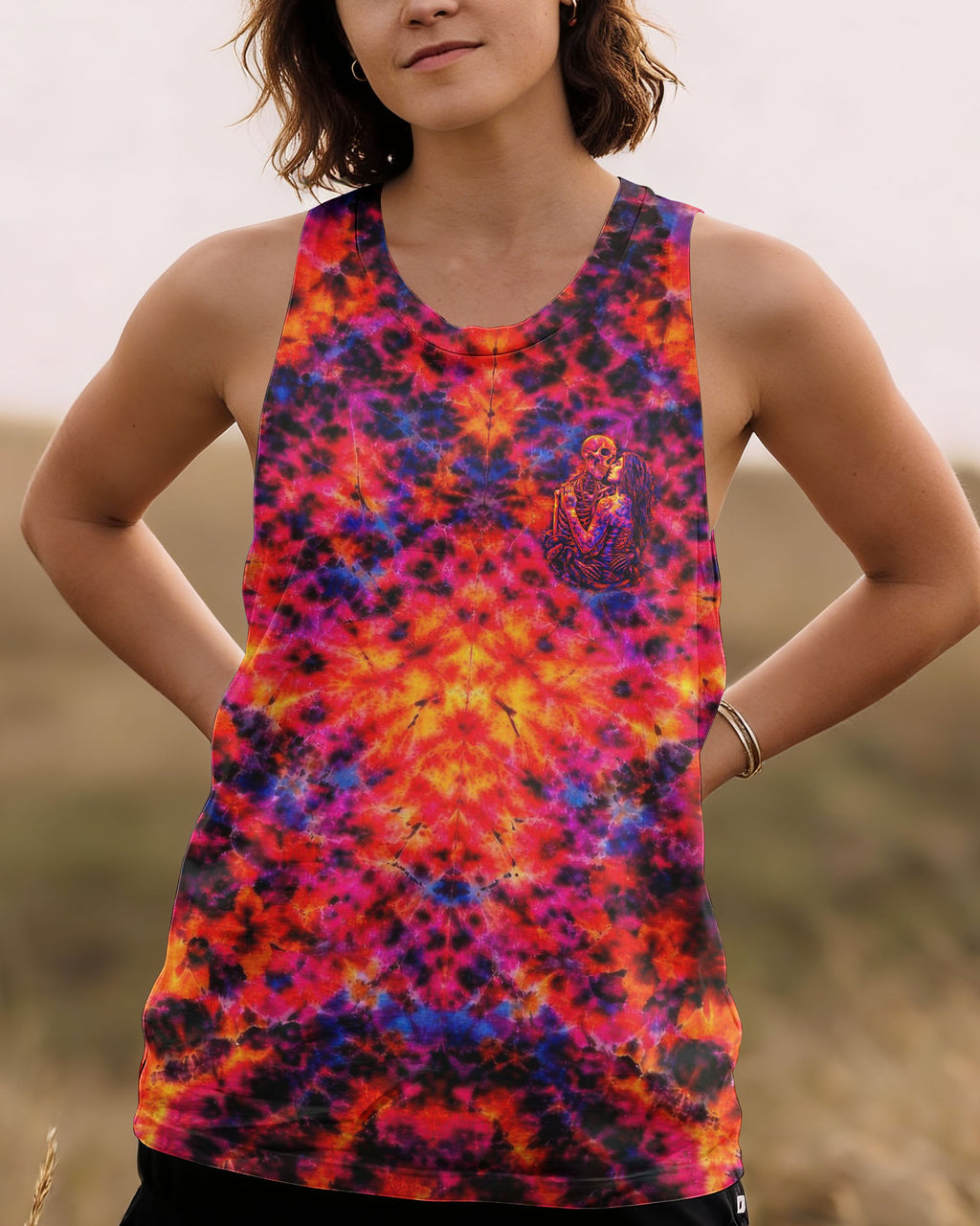 SKELETON COUPLE NEON ORANGE SWIRL ALL OVER PRINT - TLTW1001261