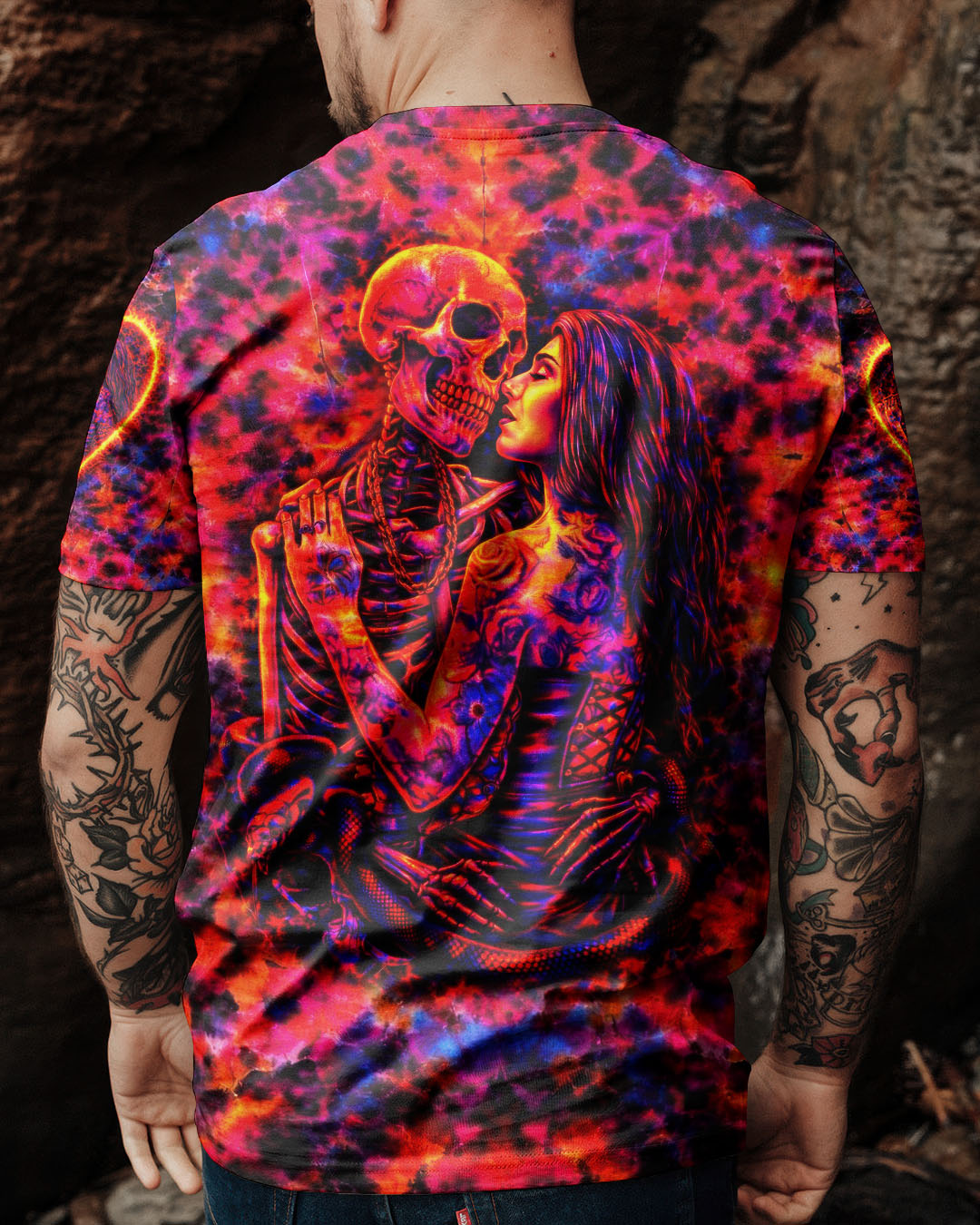 SKELETON COUPLE NEON ORANGE SWIRL ALL OVER PRINT - TLTW1001261
