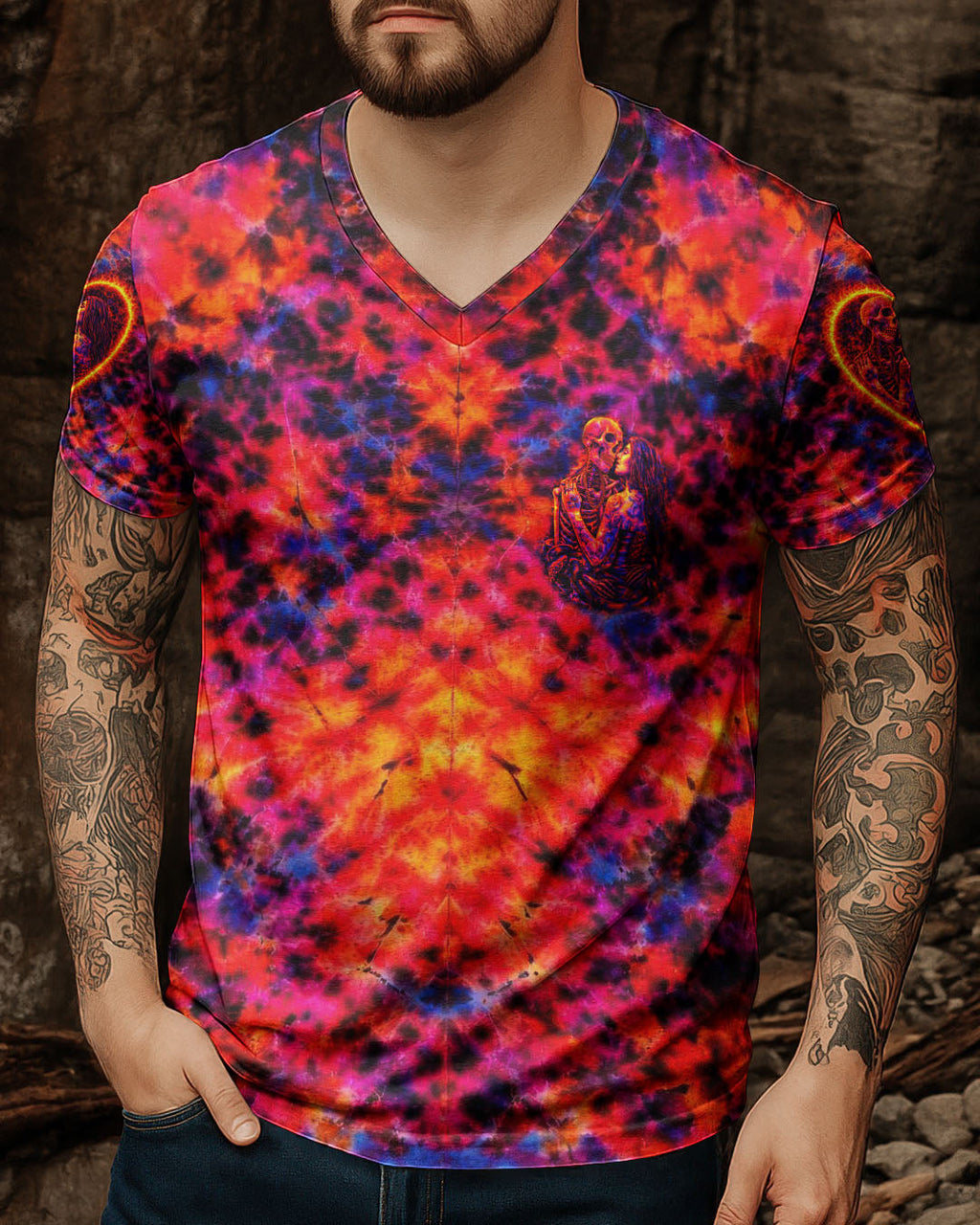 SKELETON COUPLE NEON ORANGE SWIRL ALL OVER PRINT - TLTW1001261