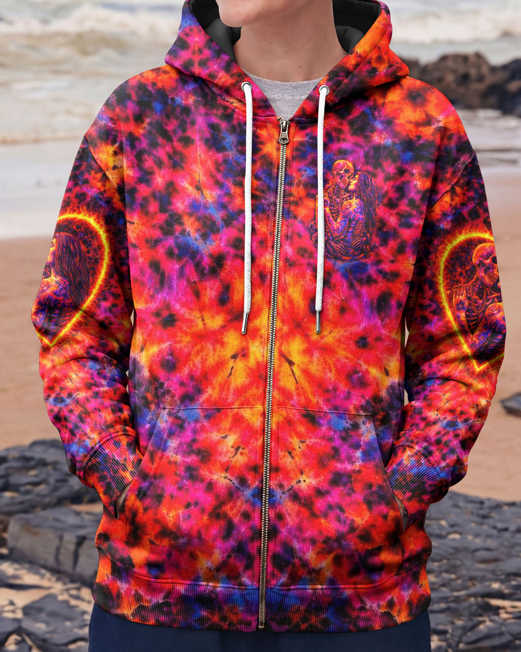 SKELETON COUPLE NEON ORANGE SWIRL ALL OVER PRINT - TLTW1001261