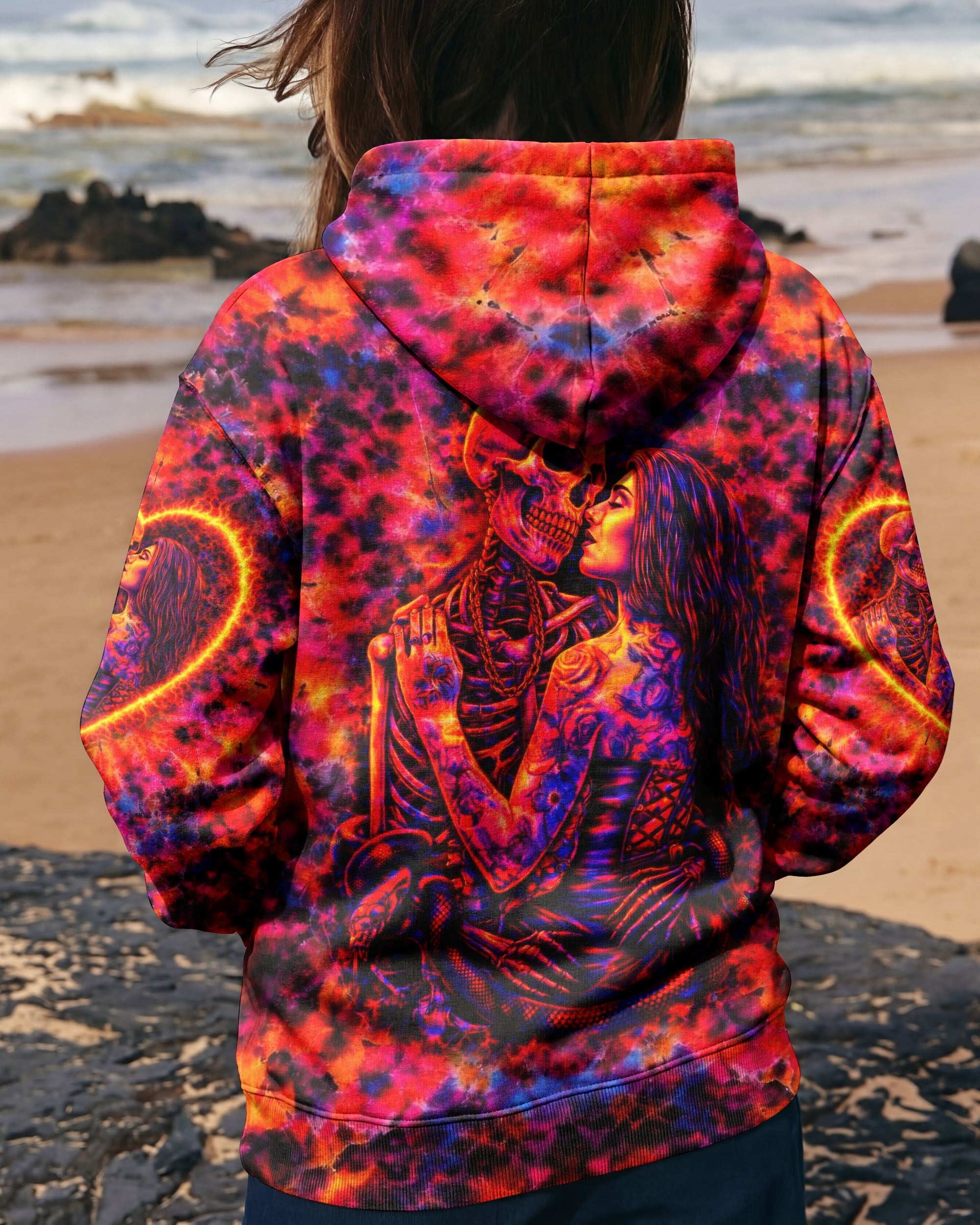 SKELETON COUPLE NEON ORANGE SWIRL ALL OVER PRINT - TLTW1001261