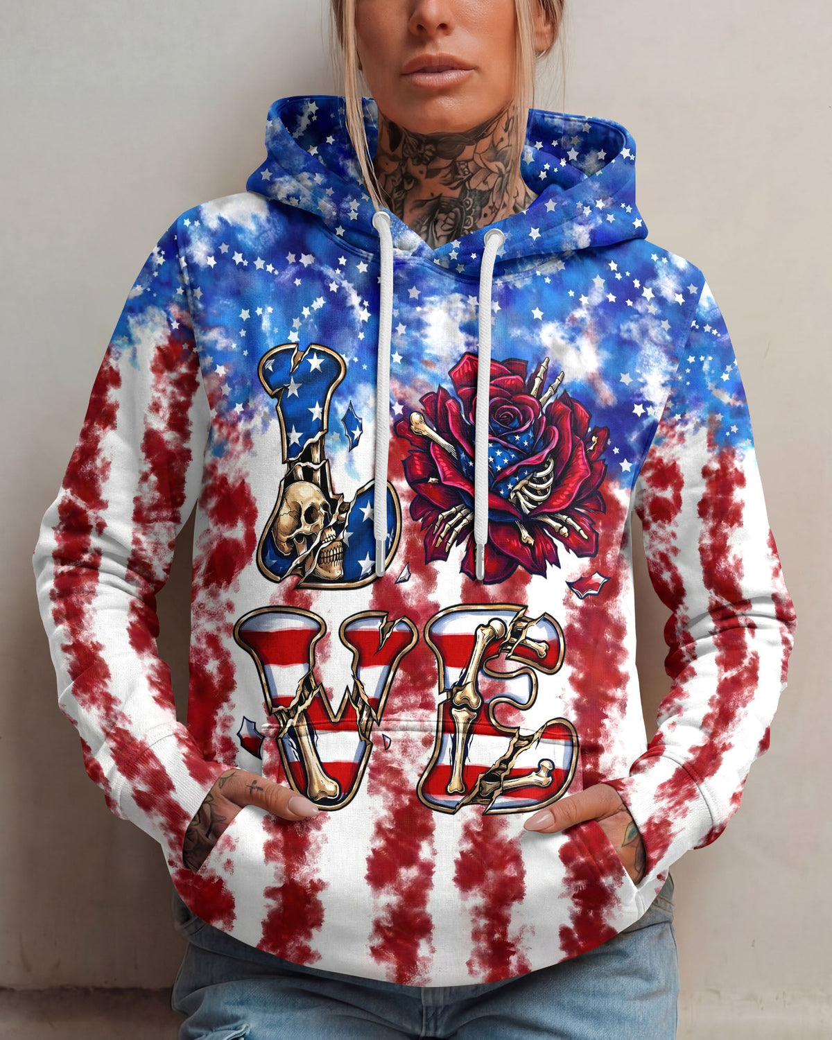 LOVE SKULL RED WHITE AND BLUE ALL OVER PRINT - TYLN2004261