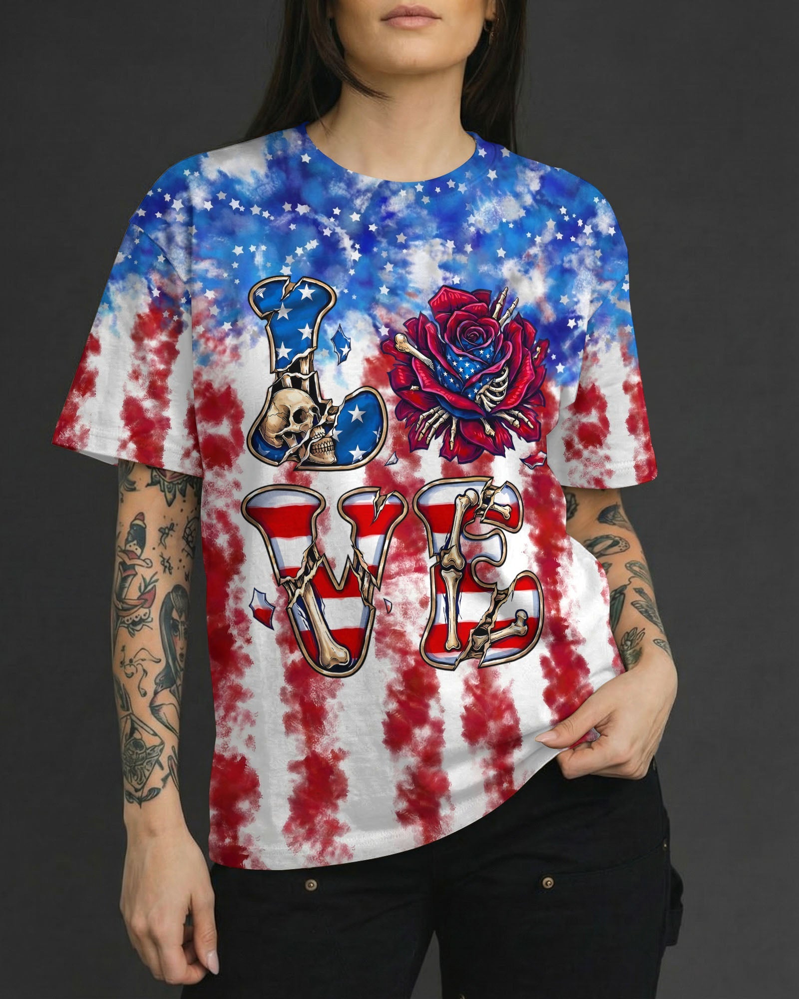LOVE SKULL RED WHITE AND BLUE ALL OVER PRINT - TYLN2004261
