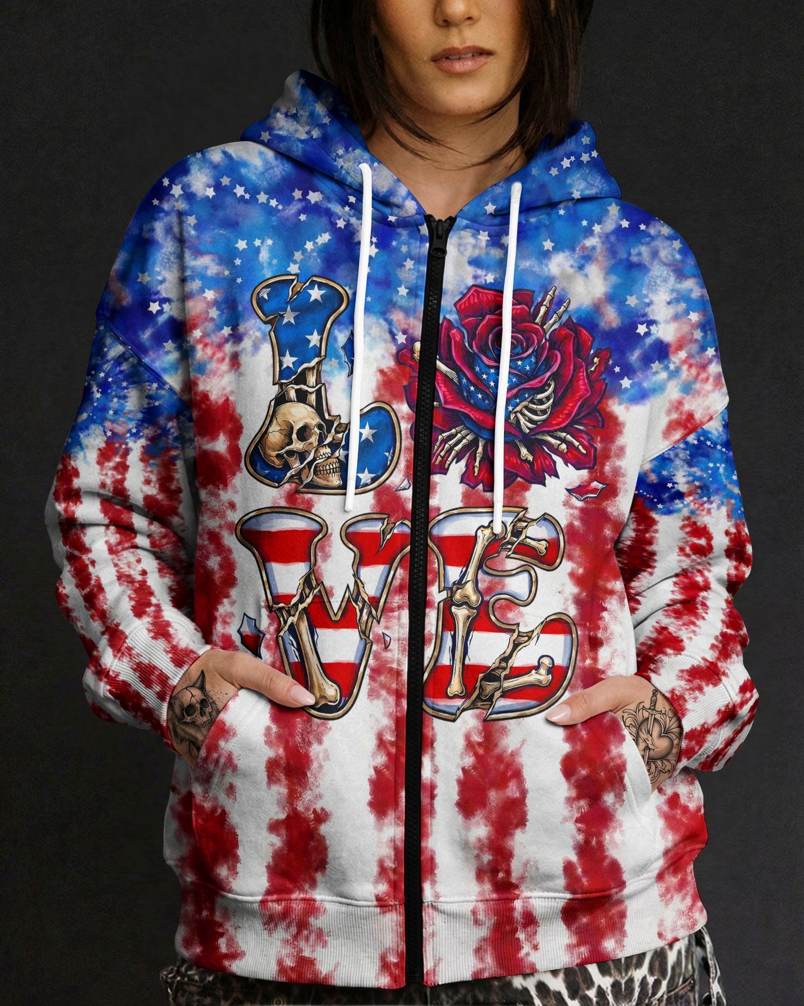 LOVE SKULL RED WHITE AND BLUE ALL OVER PRINT - TYLN2004261