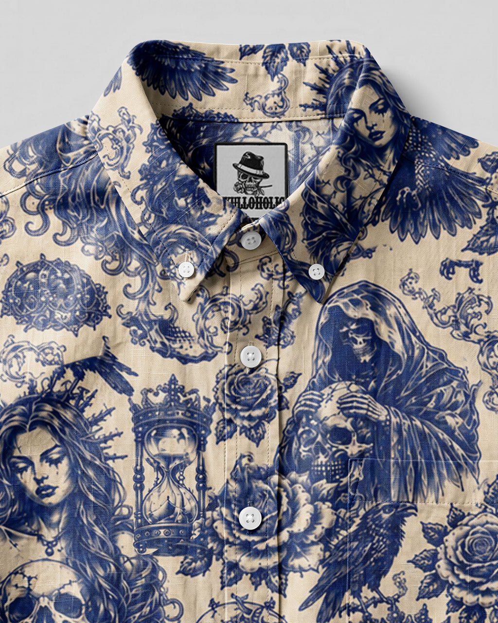 MYSTICAL GOTHIC SKULL TATTOOED  BUTTON-DOWN COLLAR SHIRT - TLHN2906263